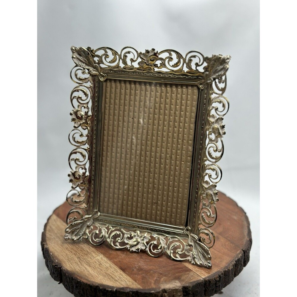 Hollywood Regency Metal Picture Frame Filigree MCM Velvet Backing